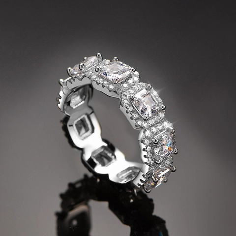 Luxe Vierkante Zirkonia Eternity Ring 925 Sterling Zilver Micro-zetting Halo Ring Voor Vrouwen Jubileum Cadeau