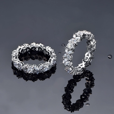 925 Sterling Zilveren Eternity Ring Voor Dames Luxe Marquise Ronde Slijpvorm Strass Band Kant Ontwerp Mode Sieraden Cadeau