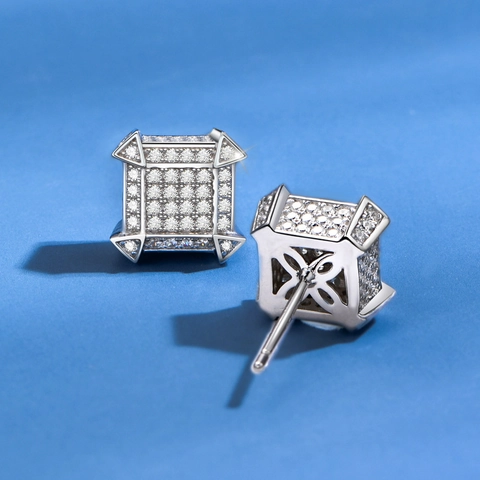 Square 925 Sterling Silver Stud Earrings For Men Women Hip Hop Iced Out Geometric Micro Pave Rhinestone Fashion Jewelry Gift
