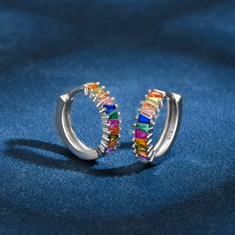 925 Sterling Silver Rainbow Rhinestone Hoop Earrings Baguette Cut Colorful Huggie Earrings For Women Fashion Jewelry Gift