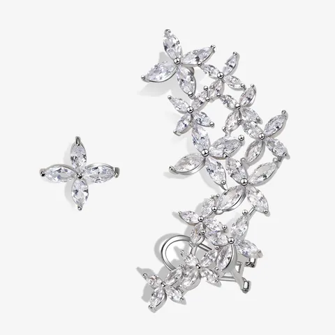 Boucles d'Oreilles Clous en Argent Sterling 925 Forme Fleur Ensemble Asymétrique avec Zirconia pour Femme Bijoux