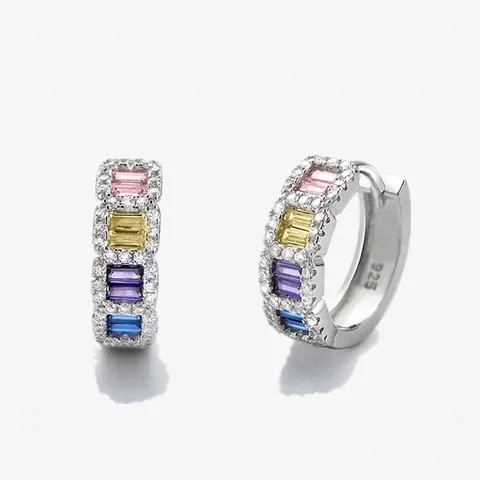 925 Sterling Silver Rainbow Rhinestone Hoop Earrings Colorful High Carbon Rhinestone Huggie Earrings For Women Fashion Jewelry