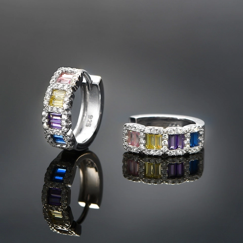 925 Sterling Silver Rainbow Rhinestone Hoop Earrings Colorful High Carbon Rhinestone Huggie Earrings For Women Fashion Jewelry