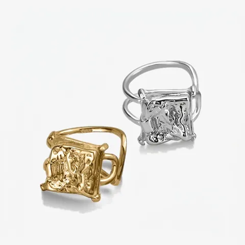 S925 Sterling Silver Irregular Lava Ring For Women Minimalist Adjustable Open Square Textured Artistic Finger Ring Jewelry