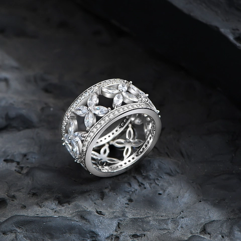 925 Sterling Zilveren Holle Bloem Brede Ring Voor Vrouwen Overdreven Marquise Zirconia Ingelegde Gegalvaniseerde Sieraden