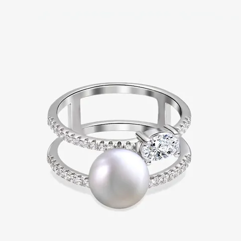 Luxury 925 Sterling Silver Double Layer Ring For Women Elegant Oval Zirconia Micro Inlaid Artificial Pearl Fashion Jewelry
