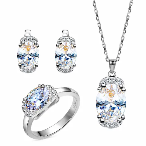 925 Sterling Silver Jewelry Set For Women Oval Cut Rhinestone Pendant Necklace Stud Earrings And Ring Halo Fashion Jewelry