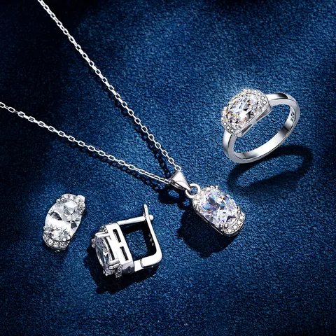 925 Sterling Silver Jewelry Set For Women Oval Cut Rhinestone Pendant Necklace Stud Earrings And Ring Halo Fashion Jewelry
