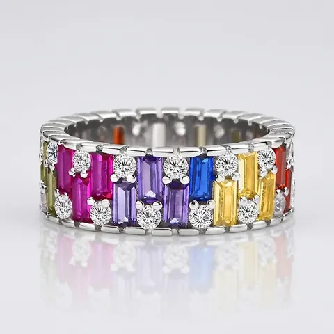 S925 Sterling Silver Rainbow Baguette Cut Zirconia Ring Colorful Stepped Eternity Band Fashion Jewelry Gift For Women