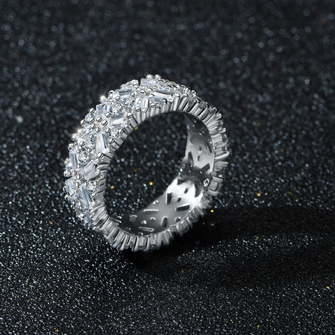 925 Sterlingsilber Volle Zirkonia Breites Band Ring Für Damen Übertriebene Geometrische Luxus Ewigkeit Ring Hochzeit Party Schmuck