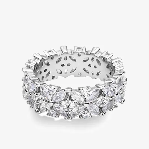 Luxury 925 Sterling Silver Snowflake Ring For Women Marquise Cut Zirconia Cluster Eternity Band Exquisite Fashion Jewelry Gift