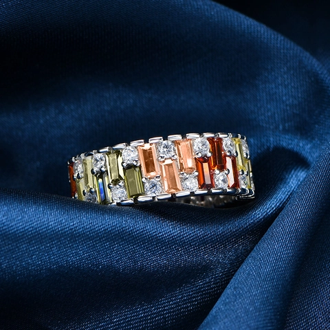S925 Sterling Silver Rainbow Baguette Cut Zirconia Ring Colorful Stepped Eternity Band Fashion Jewelry Gift For Women