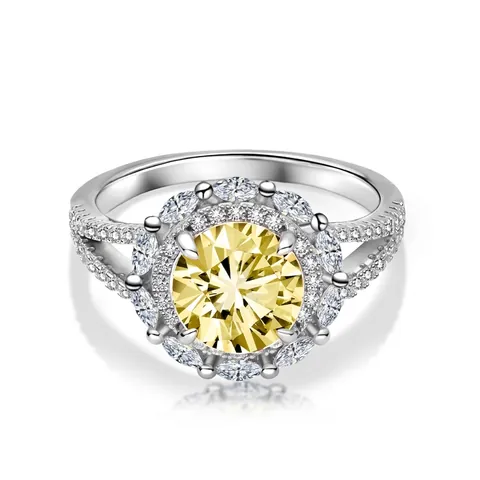 Lussuoso Anello in Argento Sterling 925 Taglio Tondo Giallo Rosa Bianco Strass Halo per Donna Gioielli per Fidanzamento