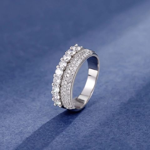 Anello in Argento Sterling 925 a Doppia Fila con Strass per Donna Elegante Gioielli Micro Incastonati Accessorio Moda