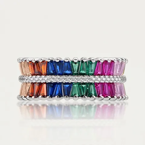 925 Sterling Silber Regenbogen Baguette Zirkonia Doppelreihiger Eternity Ring Mehrfarbig Patchwork Mikro-Pave Schmuck Für Damen Geschenk