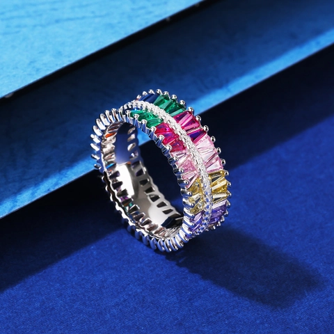 925 Sterling Silber Regenbogen Baguette Zirkonia Doppelreihiger Eternity Ring Mehrfarbig Patchwork Mikro-Pave Schmuck Für Damen Geschenk