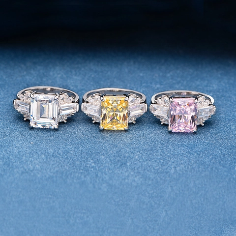 925 Sterling Silver Square Radiant Cut Pink Yellow White Rhinestone Engagement Ring For Women Elegant Wedding Party Jewelry