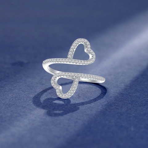 925 Sterling Zilveren Dubbel Hart Ring Voor Vrouwen Minimalistisch Pave Zirconia Romantisch Zoet Vingerring Elegant Sieraden Cadeau