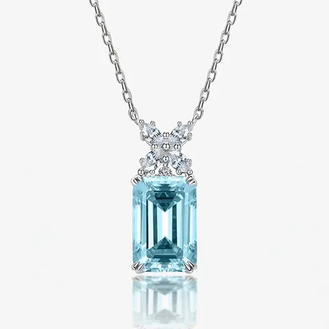 925 Sterlingsilber Aquamarin Anhänger Halskette Für Damen Smaragdschliff Hellblau Zirkonia Eingelegt Schmuck Party Geschenk