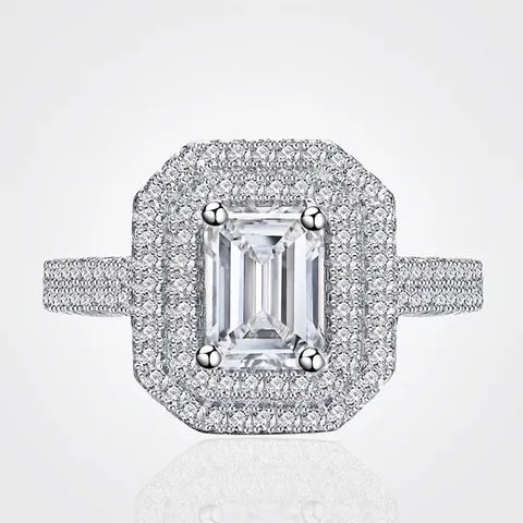 925 Sterling Zilver Zirconia Ring Smaragd Geslepen Dubbele Halo Geometrisch Ingelegde Luxe Verlovingssieraden Ring Voor Vrouwen