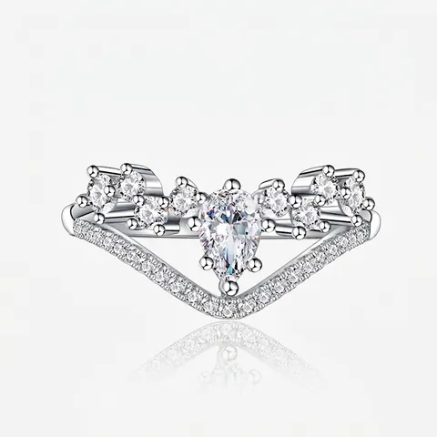 S925 Sterling Silver Water Drop Zirconia Ring Elegant V Shaped Crown Ring For Women Wedding Engagement Party Finger Jewelry