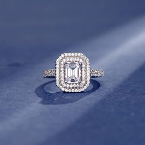 925 Sterling Zilver Zirconia Ring Smaragd Geslepen Dubbele Halo Geometrisch Ingelegde Luxe Verlovingssieraden Ring Voor Vrouwen