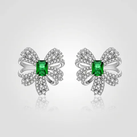 925 Sterling Zilver Strik Oorknopjes Voor Vrouwen Smaragdslijpsel Groene Zirconia Luxe Ingelegde Mode Sieraden Accessoires
