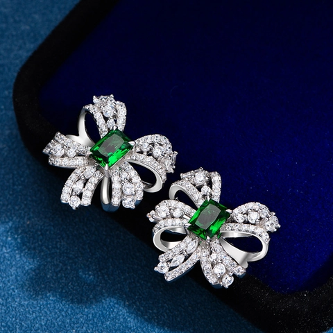 925 Sterling Zilver Strik Oorknopjes Voor Vrouwen Smaragdslijpsel Groene Zirconia Luxe Ingelegde Mode Sieraden Accessoires
