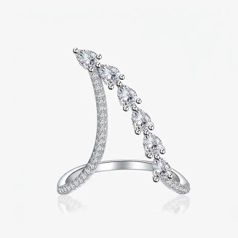 Elegant 925 Sterling Silver Wavy Ring For Women Asymmetric Pear Cut Rhinestone Inlaid Fashion Open Finger Jewelry Gift