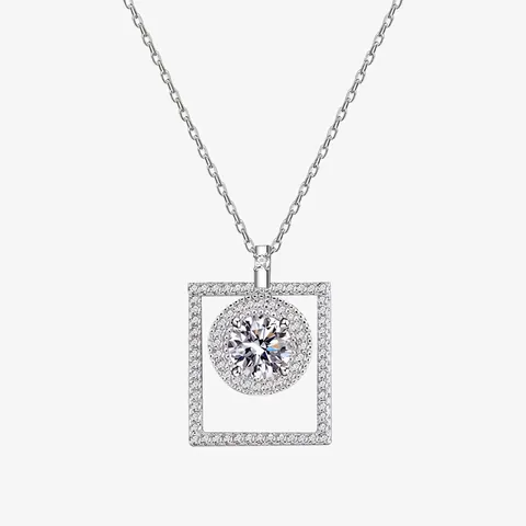 Collar Con Colgante de Plata de Ley 925 Circonia para Mujer Elegante Rotatorio Geométrico Cuadrado Redondo Joyas Regalo