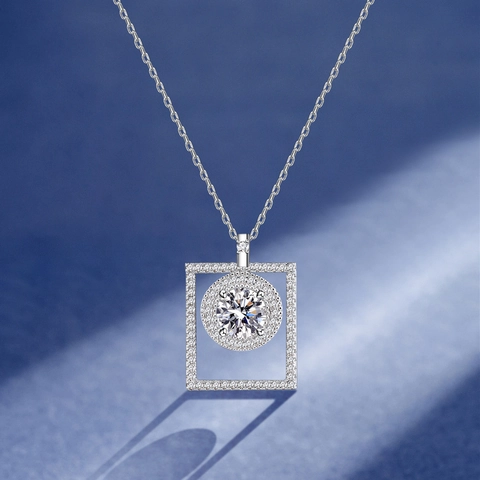 Collar Con Colgante de Plata de Ley 925 Circonia para Mujer Elegante Rotatorio Geométrico Cuadrado Redondo Joyas Regalo