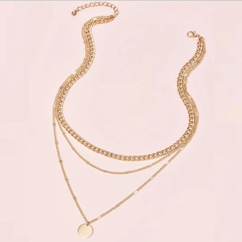 Collana a Catena Multistrato in Lega Minimalista di Moda per Donna Ciondolo a Disco Rotondo Galvanizzato Oro Argento Collana di Perle Artificiali