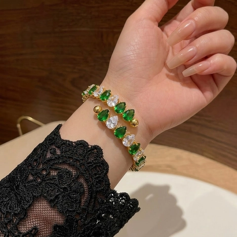 Emerald Green Zircon Spiral Bangle Copper Gold Plated Open Adjustable Luxury Wrap Around Bracelet For Women Fashion