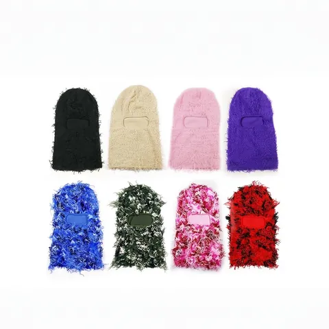Pasamontañas de Punto con Flecos Desgastados para Hombre Mujer Invierno Cálido Máscara de Esquí Outdoor Jacquard Acrílico Gorro