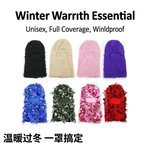 Pasamontañas de Punto con Flecos Desgastados para Hombre Mujer Invierno Cálido Máscara de Esquí Outdoor Jacquard Acrílico Gorro