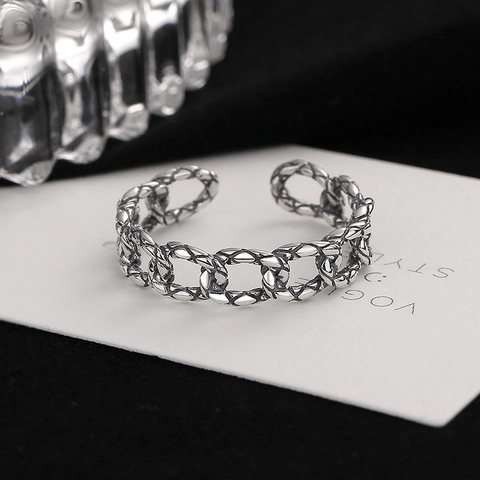Anello Catena in Argento Sterling 925 per Donna Retro Ossidato Thai Argento Aperto Regolabile Minimalista Anello Dito Gioielli