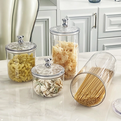 Transparent Airtight Plastic Food Storage Jar With Silver Bear Handle For Coffee Bean Tea Candy Snack Grain Kitchen Organization Seal Pot