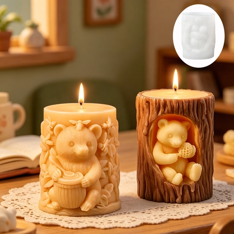 3D Bear Candle Mold Silicone Honeycomb Tree Trunk Shape For DIY Aromatherapy Soap Resin Making Crafting Durable Flexible