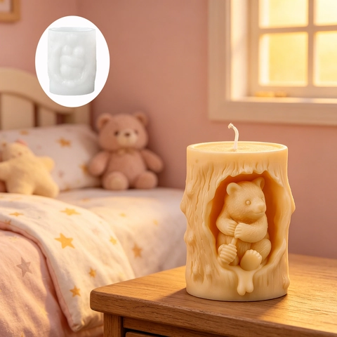 3D Bear Candle Mold Silicone Honeycomb Tree Trunk Shape For DIY Aromatherapy Soap Resin Making Crafting Durable Flexible