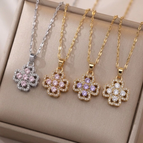 Women's Rotating Clover Flower Pendant Necklace Stainless Steel Inlaid Zirconia Elegant Fashion Clavicle Chain Jewelry