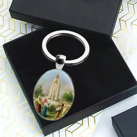 Porte-clés Religieux Notre-Dame De Fatima Alliage De Zinc Argent Antique Cabochon En Verre Bijou De Foi Catholique Cadeau Pour Homme Femme