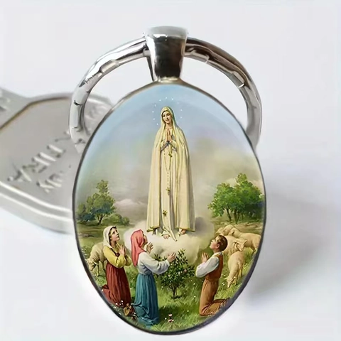Porte-clés Religieux Notre-Dame De Fatima Alliage De Zinc Argent Antique Cabochon En Verre Bijou De Foi Catholique Cadeau Pour Homme Femme