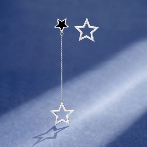 Boucles d'Oreilles Asymétriques en Argent Sterling 925 Gland Étoile Étoile Noire Creuse Longue Chaîne Pendants pour Femmes