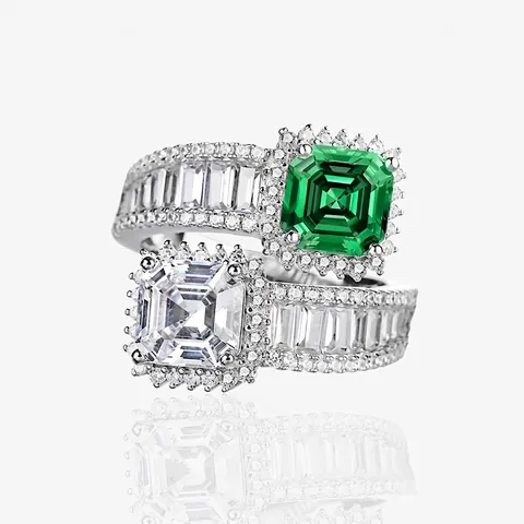 Luxus 925 Sterlingsilber Toi Et Moi Ring Für Damen Smaragd Asscher Schliff Quadratisch Strass Eingelegt Doppelstein Verstellbarer Ring