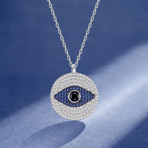 925 Sterlingsilber Teufelsauge Anhänger Halskette Für Damen Blau Weiß Zirkonia Eingelegt Rund Kette Schmuck Geschenk