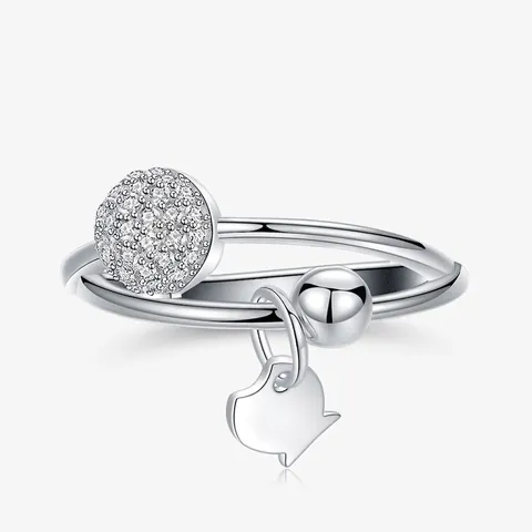 925 Sterling Silver Fish Dangle Ring For Women Sparkling Rhinestone Double Layered Band Finger Ring Fashion Jewelry