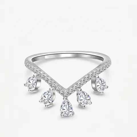 Anello Corona in Argento Sterling 925 Elegante Anello a V Con Zirconia a Goccia Per Donna Gioielli di Moda Regalo di Nozze