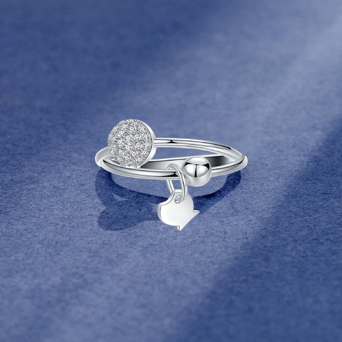 925 Sterling Silver Fish Dangle Ring For Women Sparkling Rhinestone Double Layered Band Finger Ring Fashion Jewelry