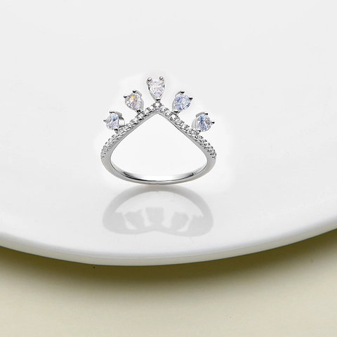 Anello Corona in Argento Sterling 925 Elegante Anello a V Con Zirconia a Goccia Per Donna Gioielli di Moda Regalo di Nozze