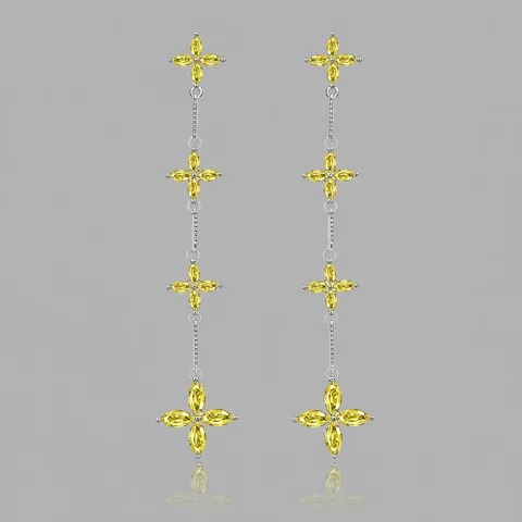 S925 Sterling Silver Petal Tassel Drop Earrings For Women Elegant Yellow Rhinestone Long Dangle Earrings Party Jewelry